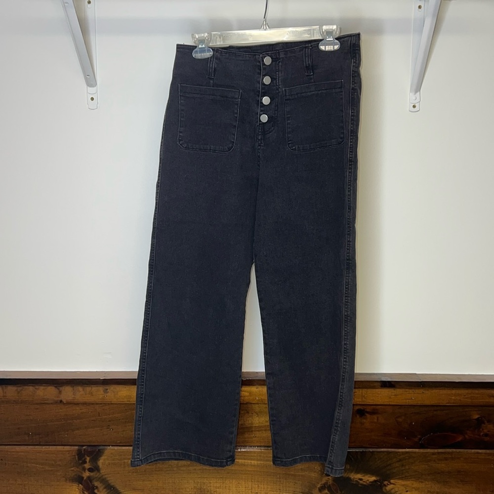 Amazon High Waisted Wide Leg Exposed Buttonfly Ankle Length Jeans Black- 8